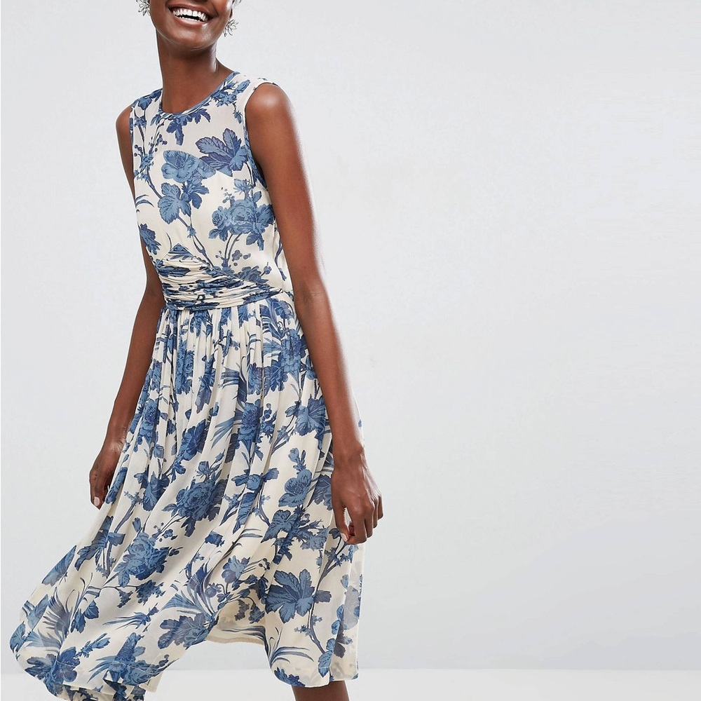 ASOS Midi Dress With Ruched Panel Detail in China Blue Print